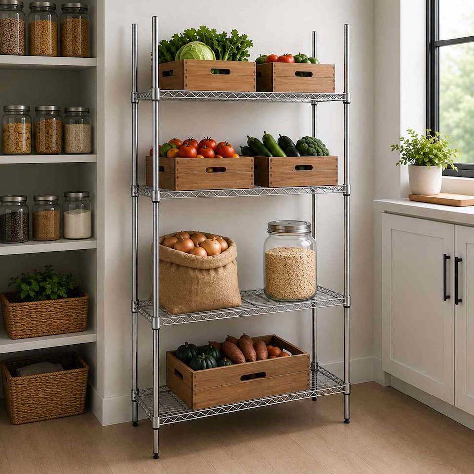 image 1 of 4 Tier Heavy Duty Steel Wire Rack Kitchen Storage Unit with Wheels | Silver