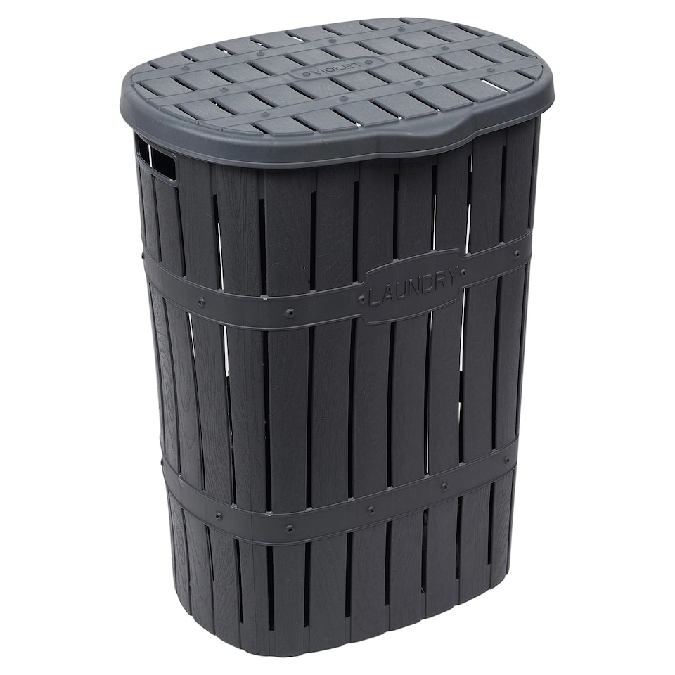 image 1 of 65L Plastic Bamboo Style Laundry Basket Storage Bin With Handles & Easy Open Lid | Black | Anthracite | 65 Litre