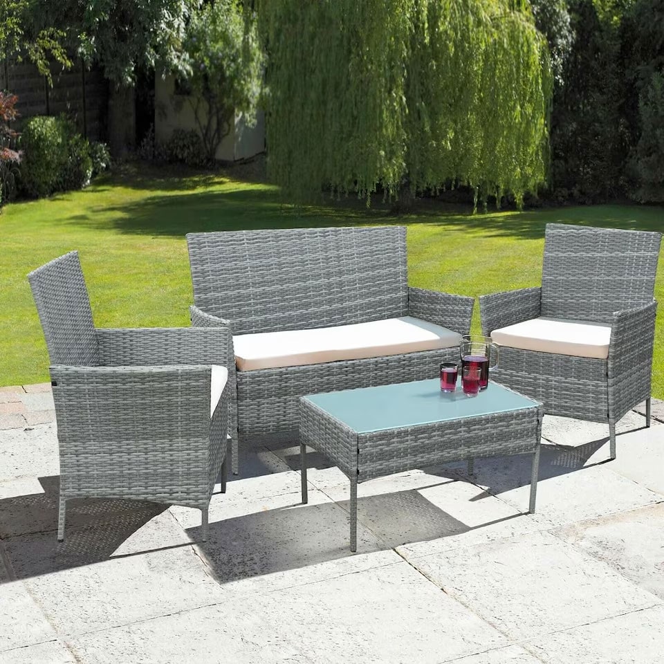 image 1 of 4 Piece Rattan Outdoor Furniture Sofa Table Chair Set Garden Patio Conservatory with Protective Rain Cover Available in Black or Grey