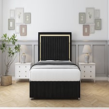 Sloomy Boston Gold Black Plush Divan Bed With Mattress No Drawers With 54" Floor Standing Headboard & 12" Matching Footboard 3' Single | Black | Black | Single | 1