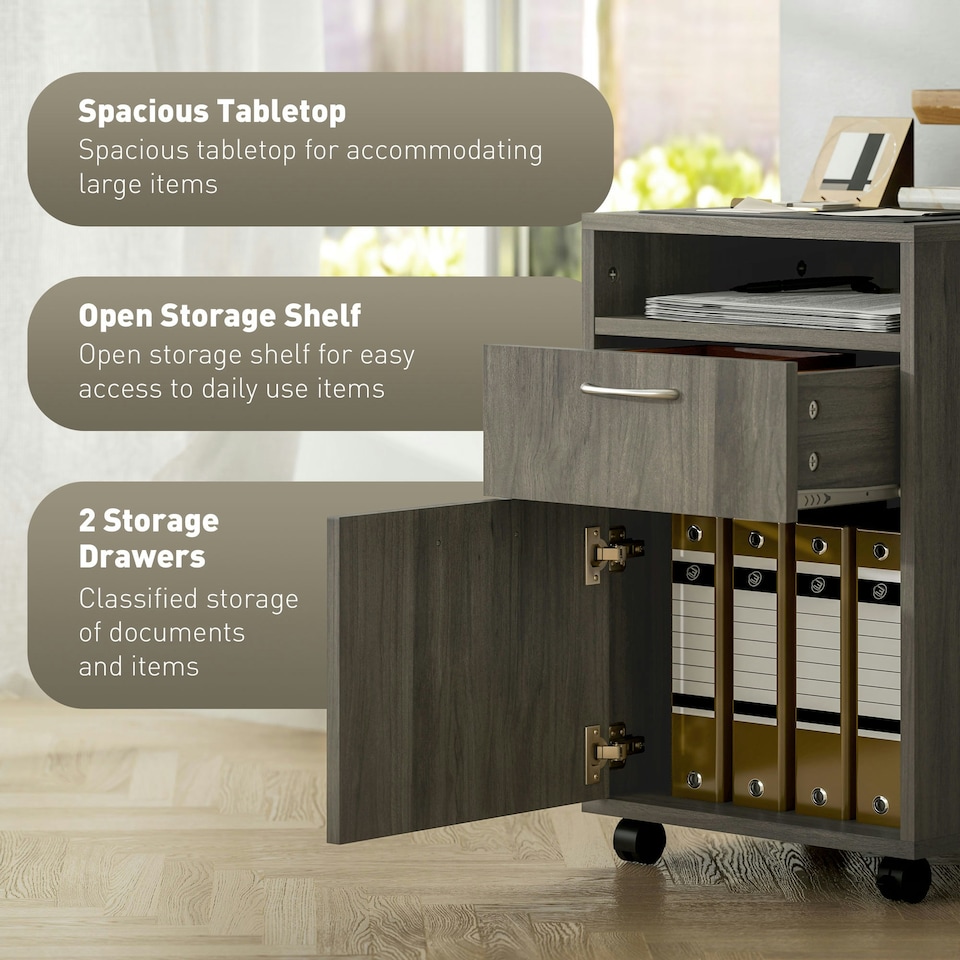 image 1 of HOMCOM 60cm Filing Cabinet with Drawers and Open Shelf, Grey