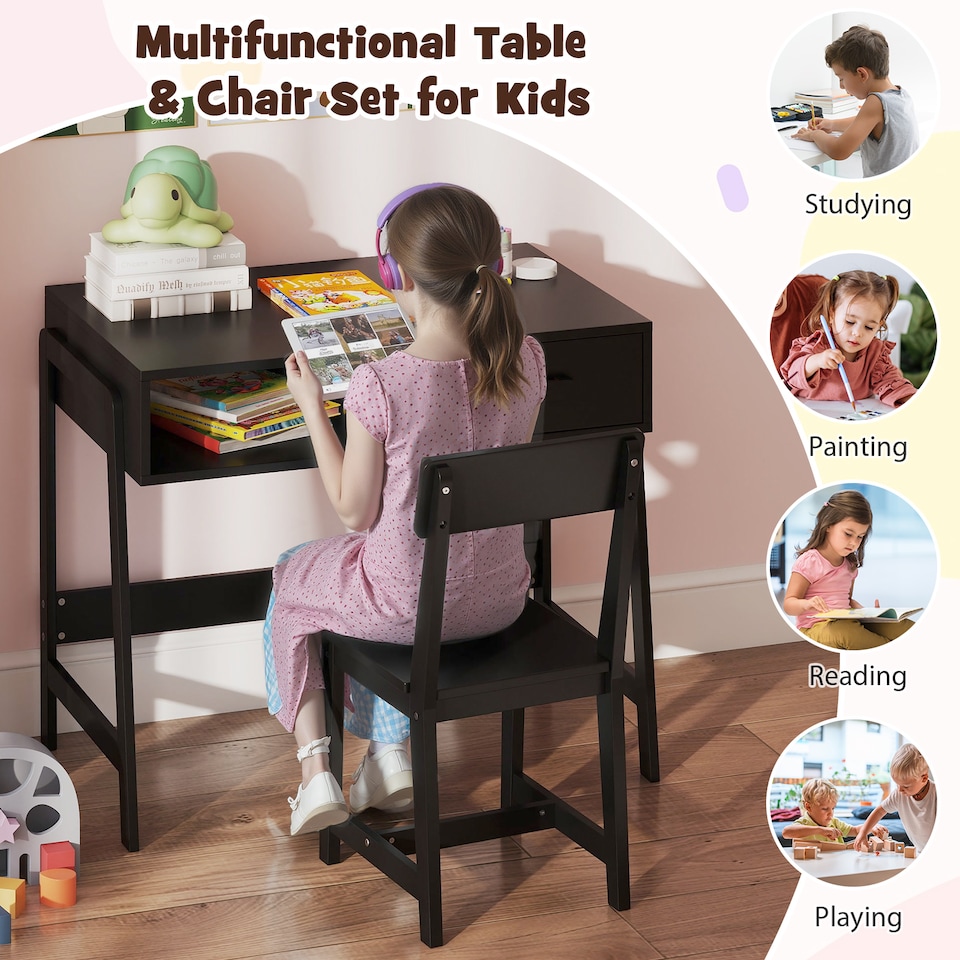 image 1 of COSTWAY Kids Desk and Chair Set with Drawer Black
