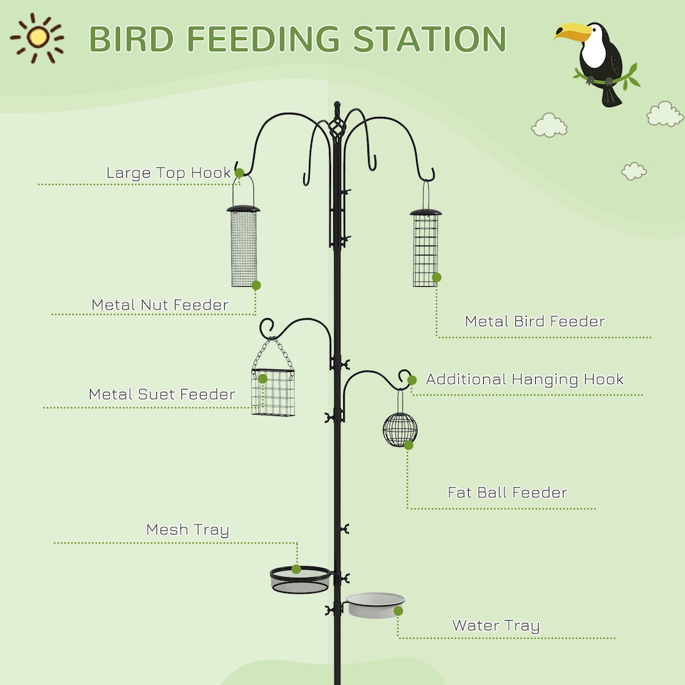 image 1 of Pawhut Bird Feeding Station Kit Wild Bird Feeder Pole w/ 6 Hooks 4 Prong Bases