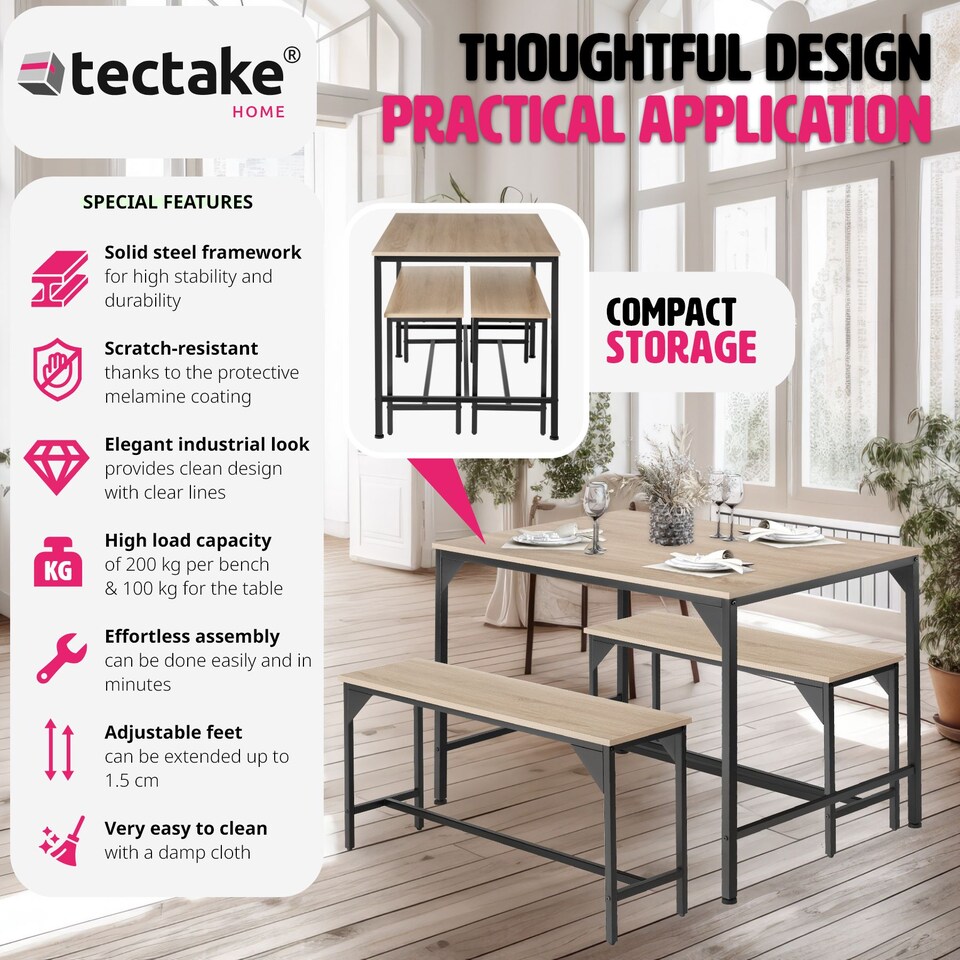 image 1 of Dining Table Set Bolton - 3-piece, 2 benches | Brown | industrial wood light, oak Sonoma | 1