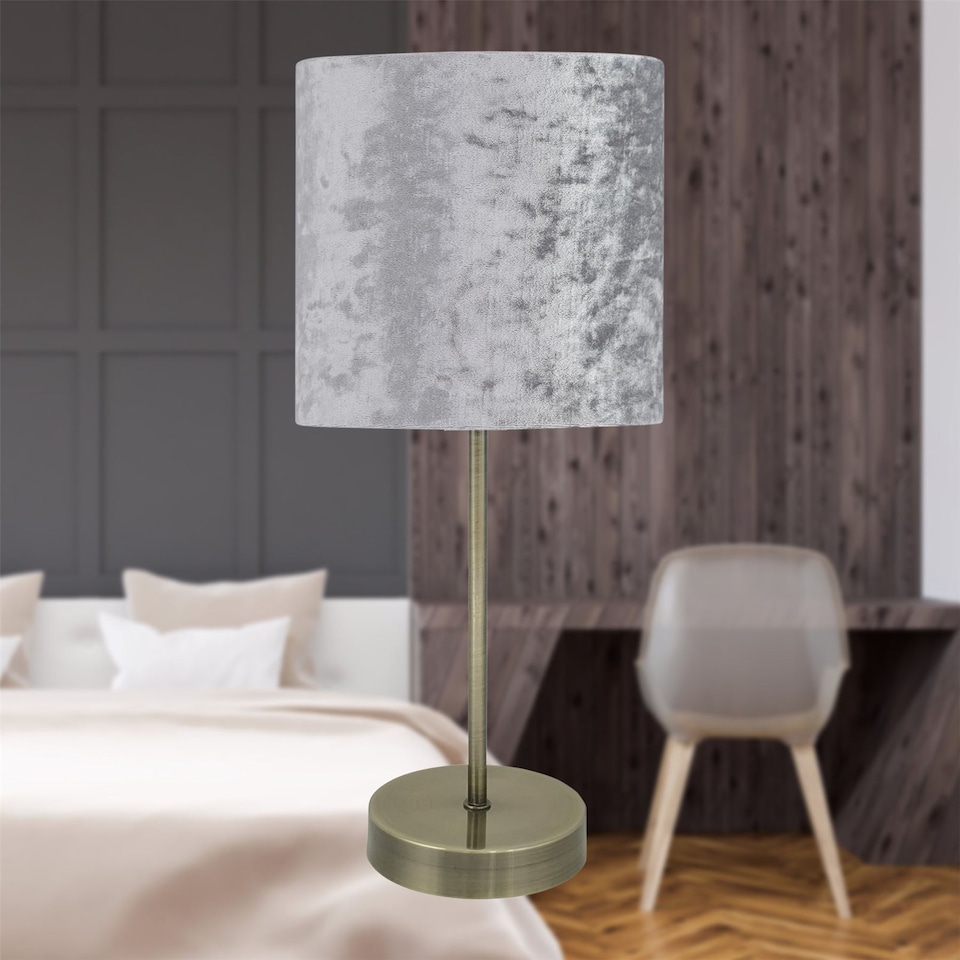 image 1 of Antique Brass Stick Table Lamp with Grey Crushed Velvet Shade