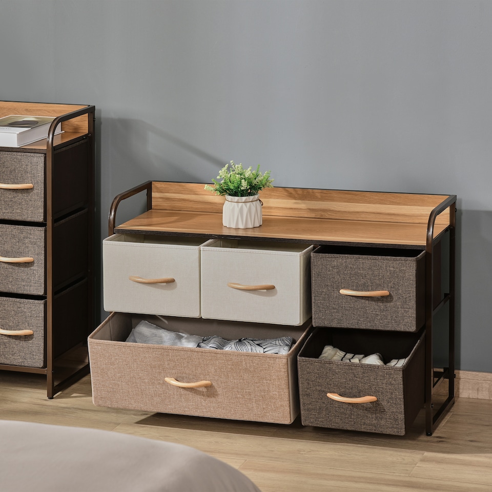 image 1 of HOMCOM 5-Drawer Dresser, Linen Fabric Chest of Drawers, Dresser Tower Unit for Bedroom Hallway Entryway, Storage Organizer with Steel Frame Wooden Top