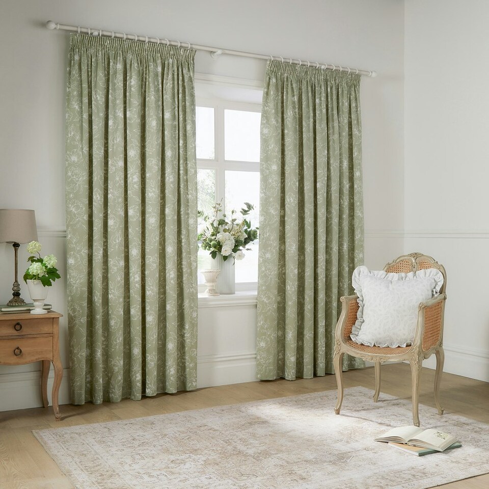 image 1 of Wylder Bella Floral Sage Pencil Pleat Curtains 229 x 229cm Green | Sage Green