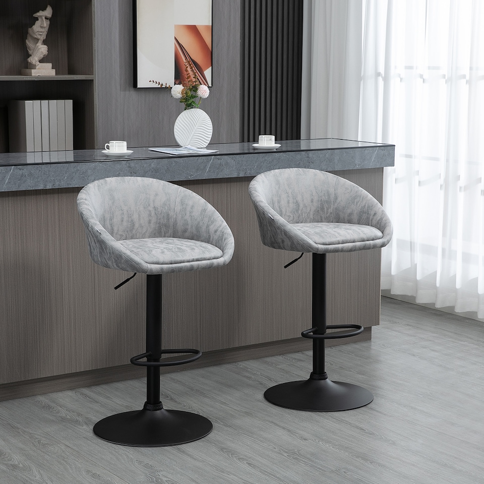 image 1 of HOMCOM Modern Bar Stools Set of 2, Height Adjustable Swivel Barstools, PU Leather Upholstered Bar Chair with Backrest, Armrests and Footrest for Breakfast Bar, Counter, Kitchen, Light Grey