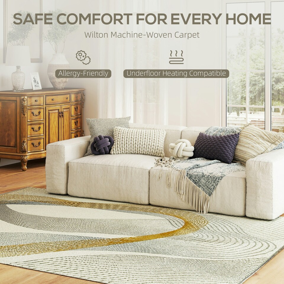image 1 of HOMCOM Machine Washable Rug, Allergy-Friendly Floor Carpet, Cream White Cream | Gold, Blue | 230 x 160 cm