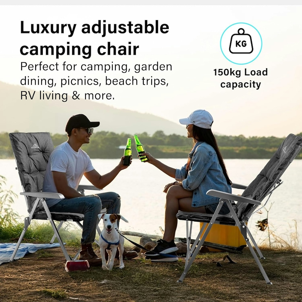 image 1 of Luxury Adjustable Camping Chairs Heavy Duty Outdoor High Back Padded Folding - 1 Black Chair Black