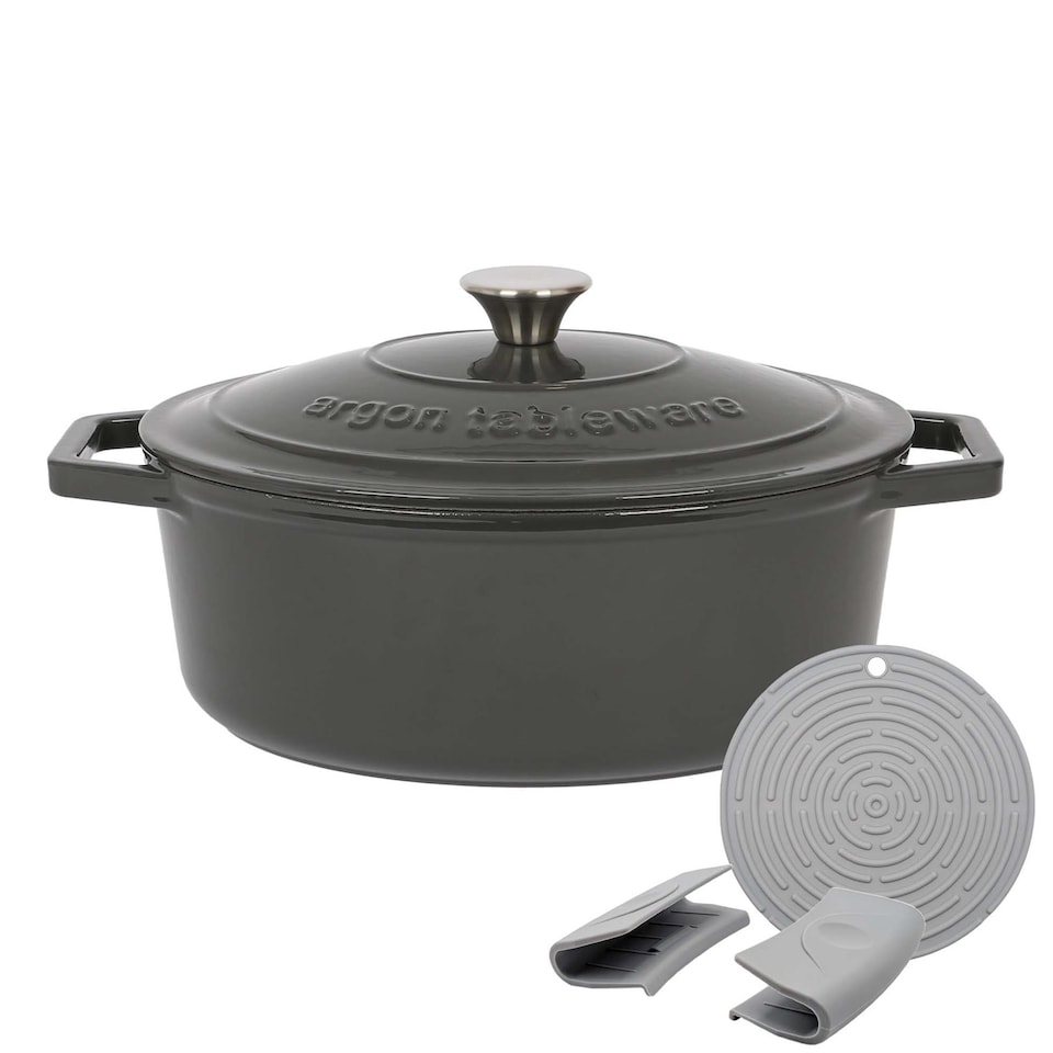 image 1 of Argon Tableware 4.68L Oval Cast Iron Casserole Dish with Self-Basting Lid - 4.95QT Dutch Oven Roasting Dish Pot | Grey | Slate Grey | 1