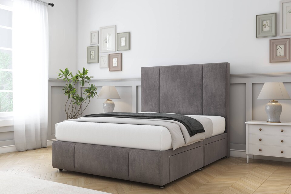 image 1 of Sloomy Lisbon Slate Naples Divan Bed With Mattress 2 Drawers Right Side With 54" Floor Standing Headboard & 12" Matching Footboard 2'6 Small Single | Grey | Slate | Small Single | 1