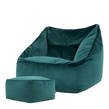 icon Natalia Velvet Adults Bean Bag Armchair and Pouffe, Ready Filled Large Beanbag and Footstool Teal Green