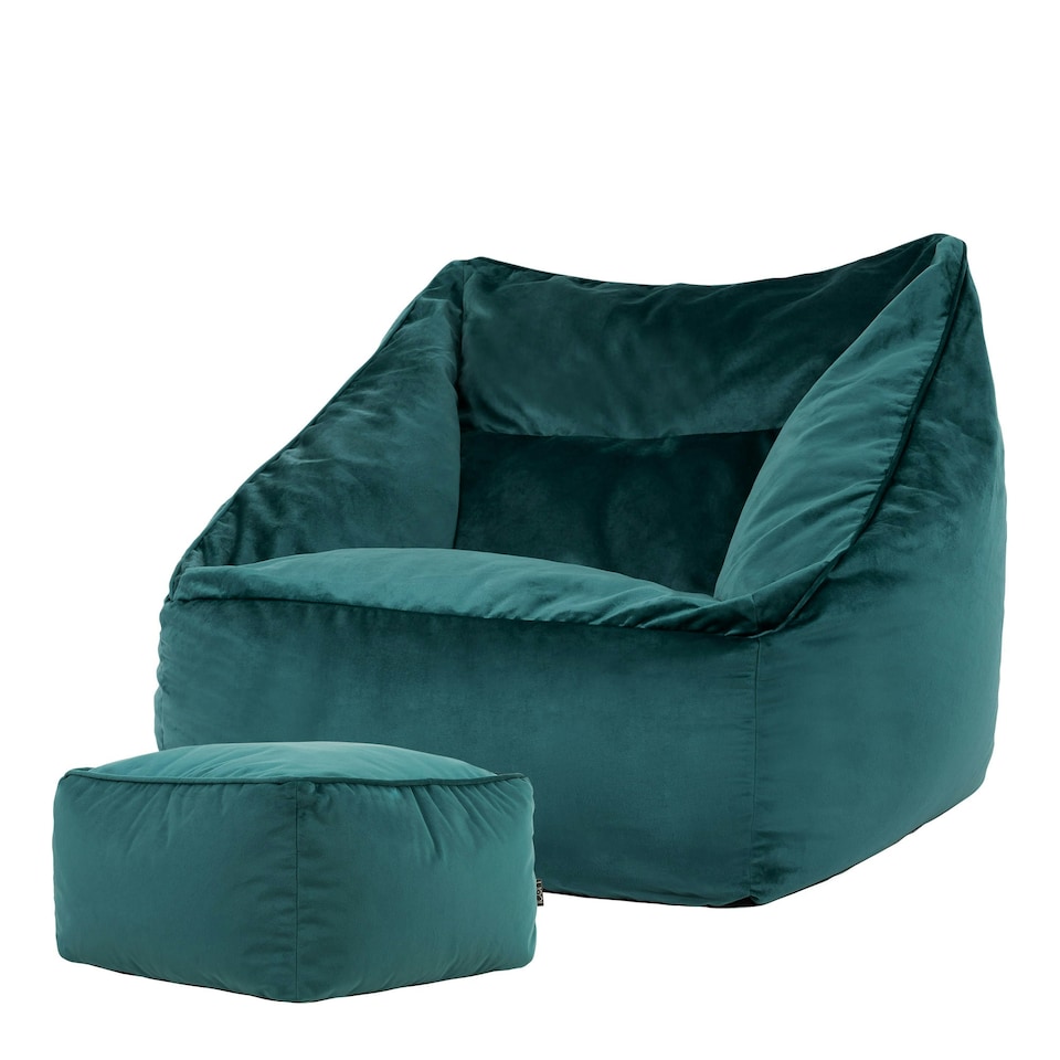 image 1 of icon Natalia Velvet Adults Bean Bag Armchair and Pouffe, Ready Filled Large Beanbag and Footstool Teal Green