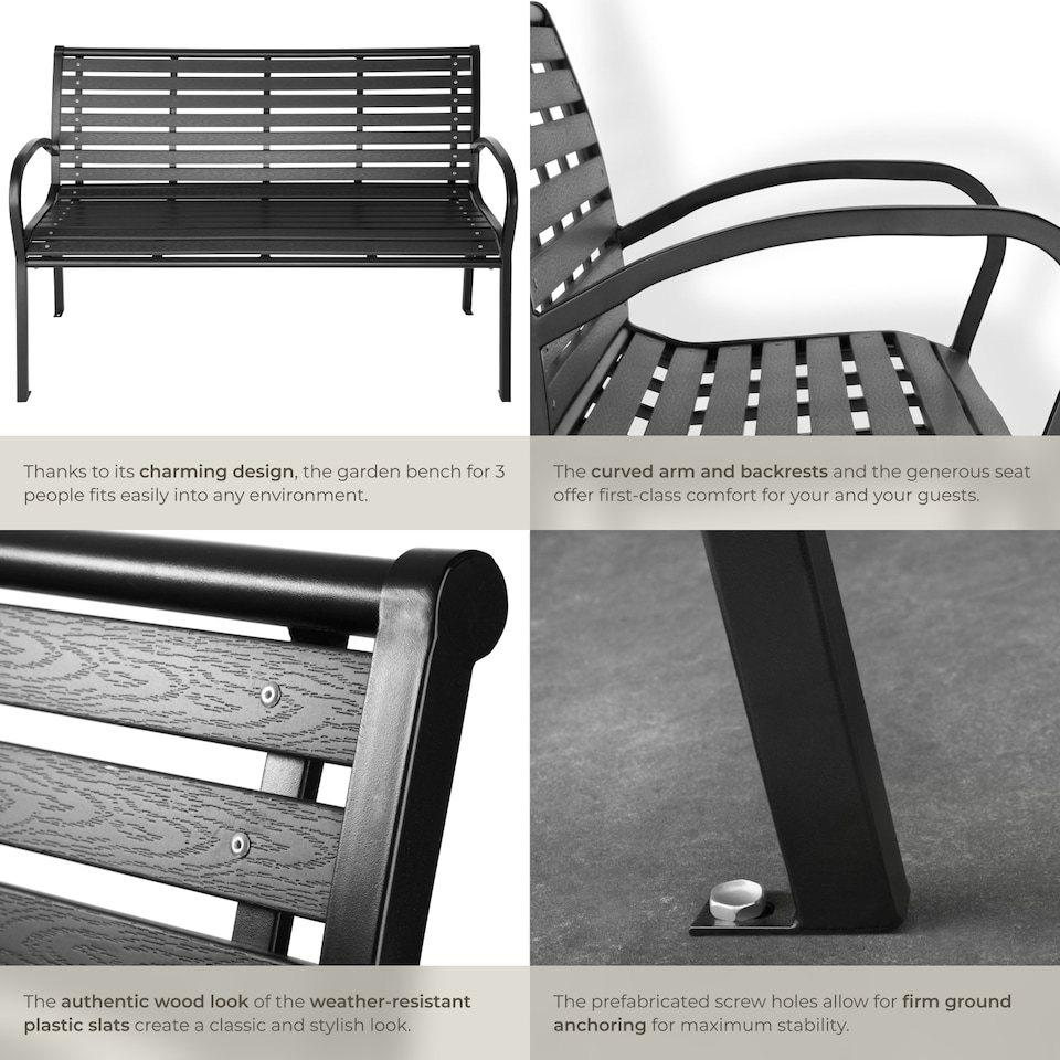 image 1 of Garden Bench Pino - 3-seater, steel frame, weatherproof, 126 x 62 x 81.5 cm