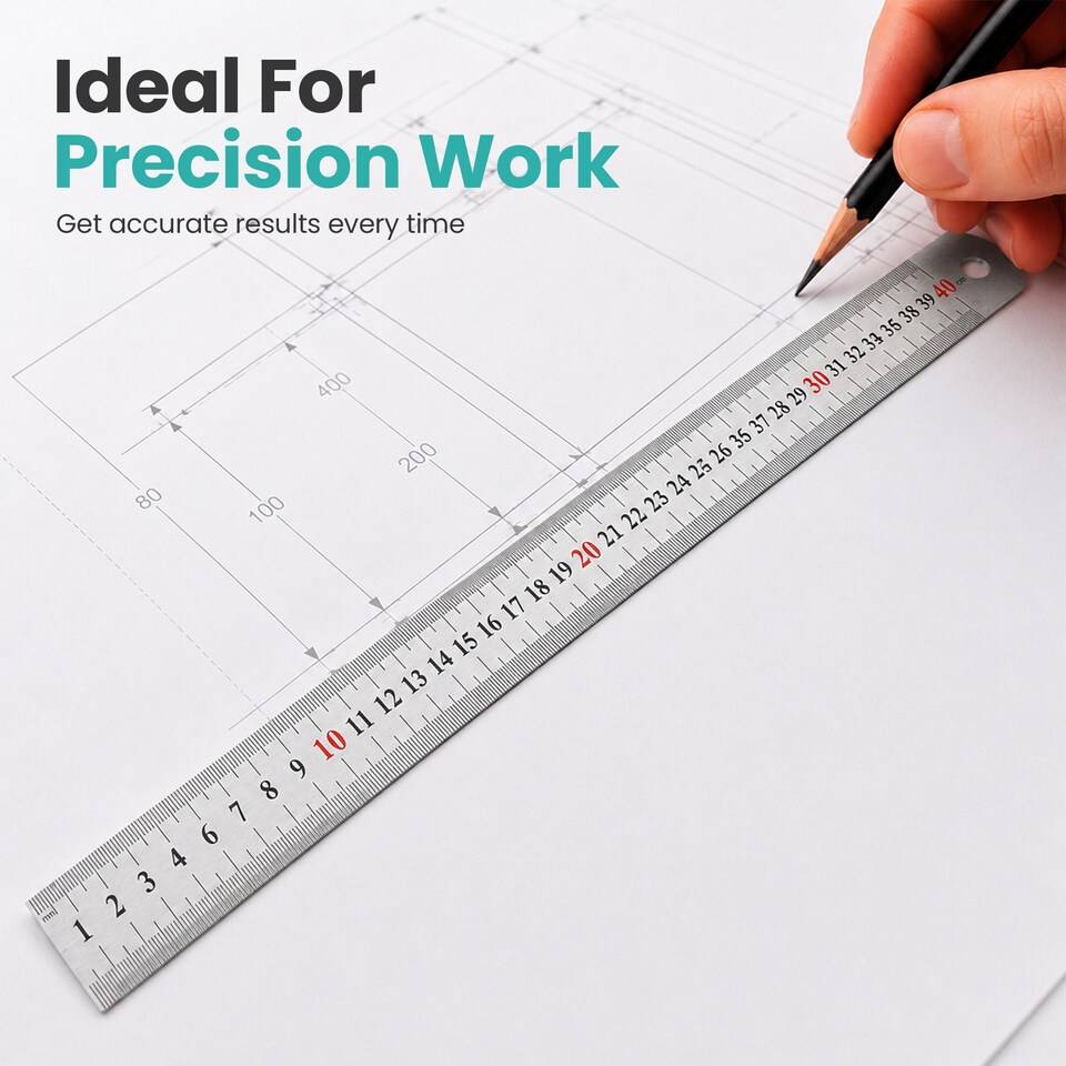 image 1 of Stainless Steel Ruler, 2-Side Measuring Steel Ruler CM & Inches - 40cm