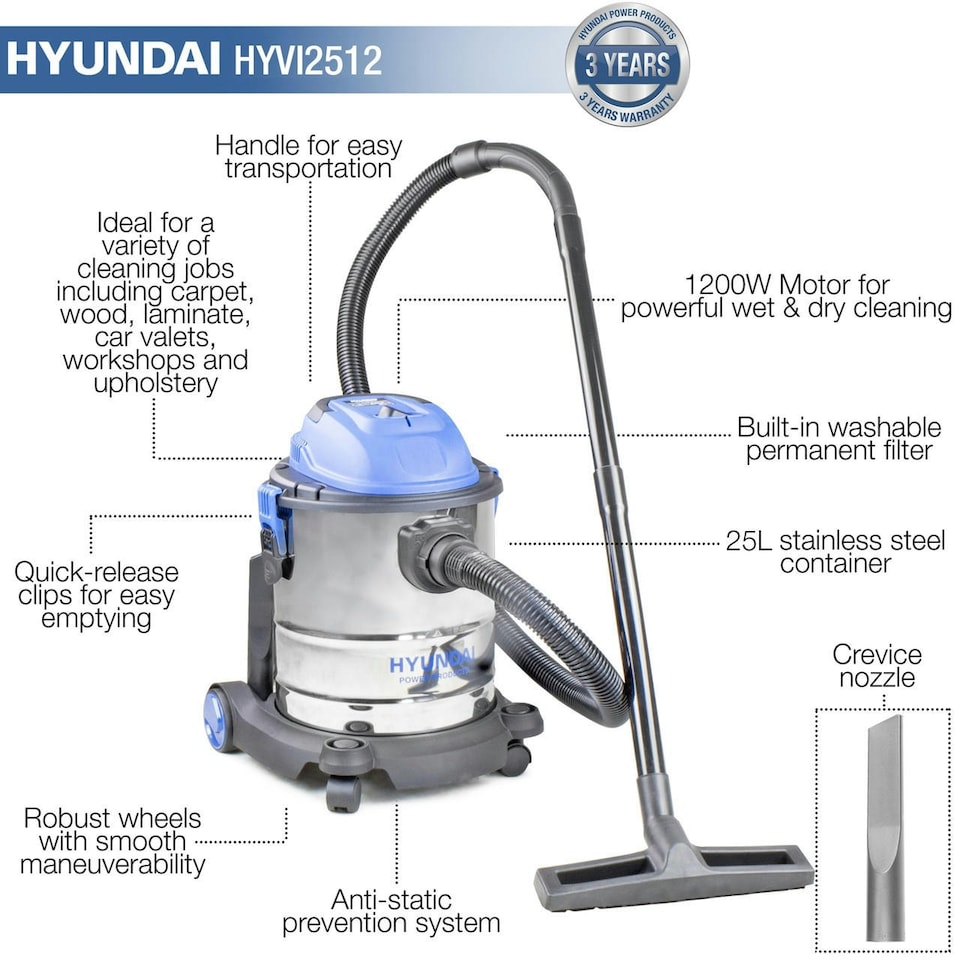image 1 of Hyundai 1200W Wet and Dry Vacuum Cleaner 3-In-1, 25L, 16kpa