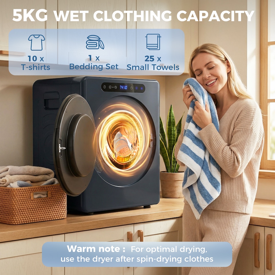 image 1 of HOMCOM 5 kg Portable Vented Tumble Dryer Machine with Timer, Blue