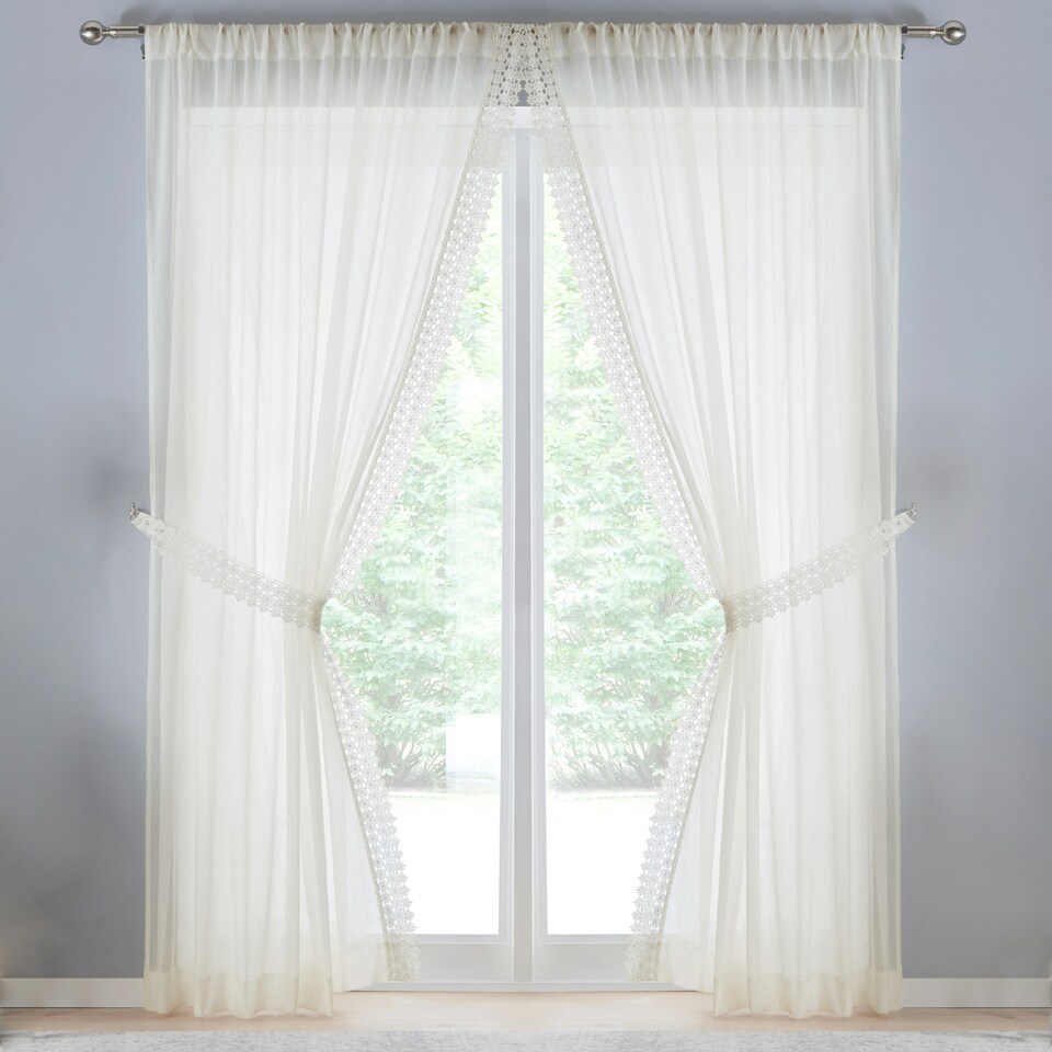 image 1 of Pair of Windsor Cream Macrame Trim Reversible Voile Panels 122 cm (48 inch) Rod Pocket Panels for Bedroom and Living Room with Matching Tie Backs