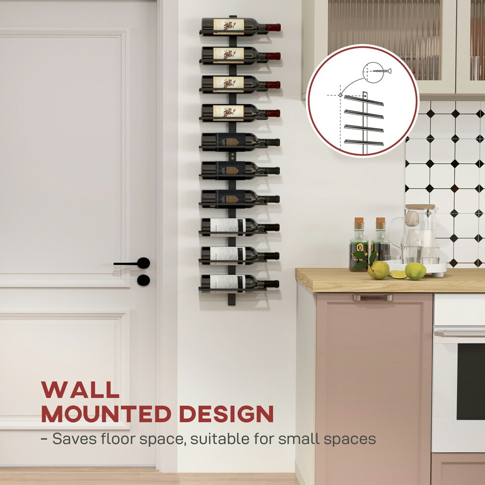 image 1 of HOMCOM Wall Mount Wine Rack, Wall Wine Rack for 10 Wine Bottles, Black