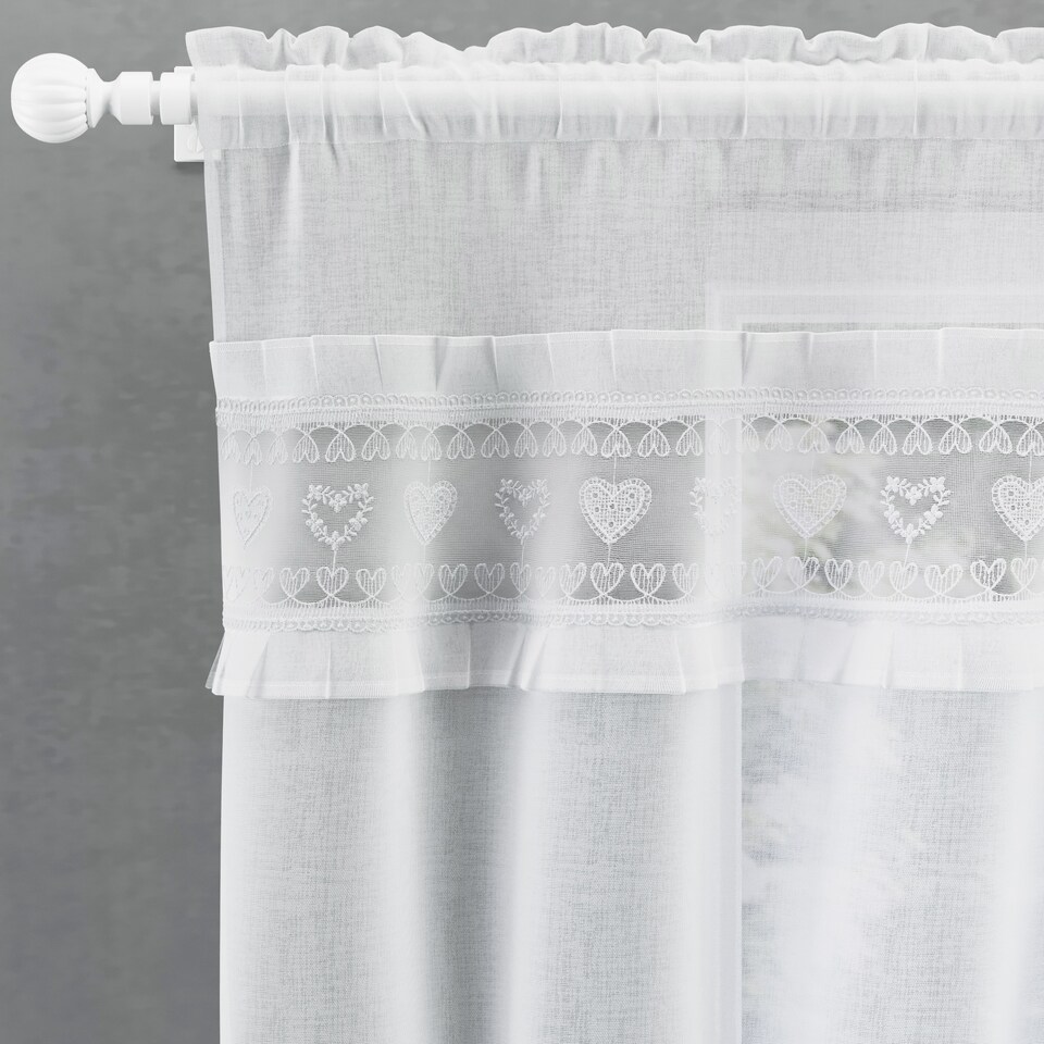 image 1 of Tyrone Textiles Lucy Embroidered Heart Kitchen Window Set Curtain Pair with Frill Edging and Matching Tie Backs (White,42"(106cm))