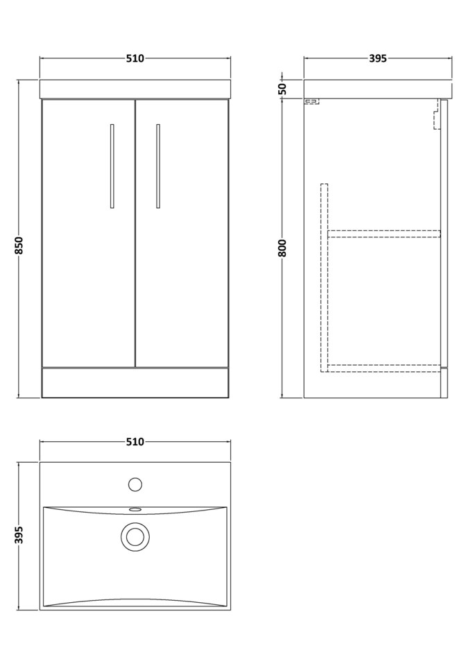 image 1 of Balterley Bathroom Floor Standing 2-Door Vanity Unit & Thin-Edge Basin | White | Gloss White | 850 x 510 x 395mm