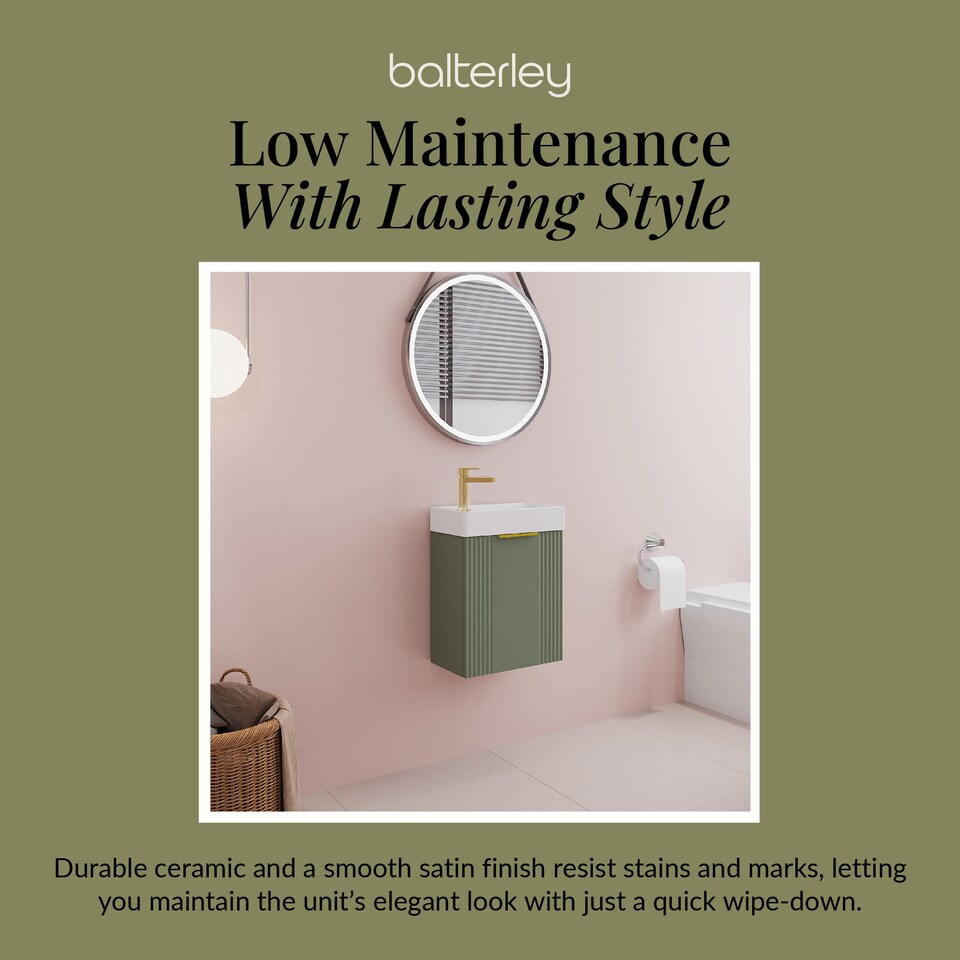 image 1 of Balterley Wall Hung Cloakroom Vanity Basin Unit with Handle Compact Bathroom Storage | Green | Satin Green | 438 x 400 x 222mm | 1