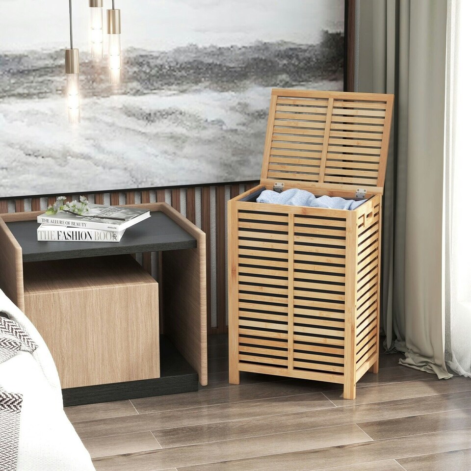 image 1 of COSTWAY 80 L Bamboo Laundry Hamper Clothes Laundry Basket Brown