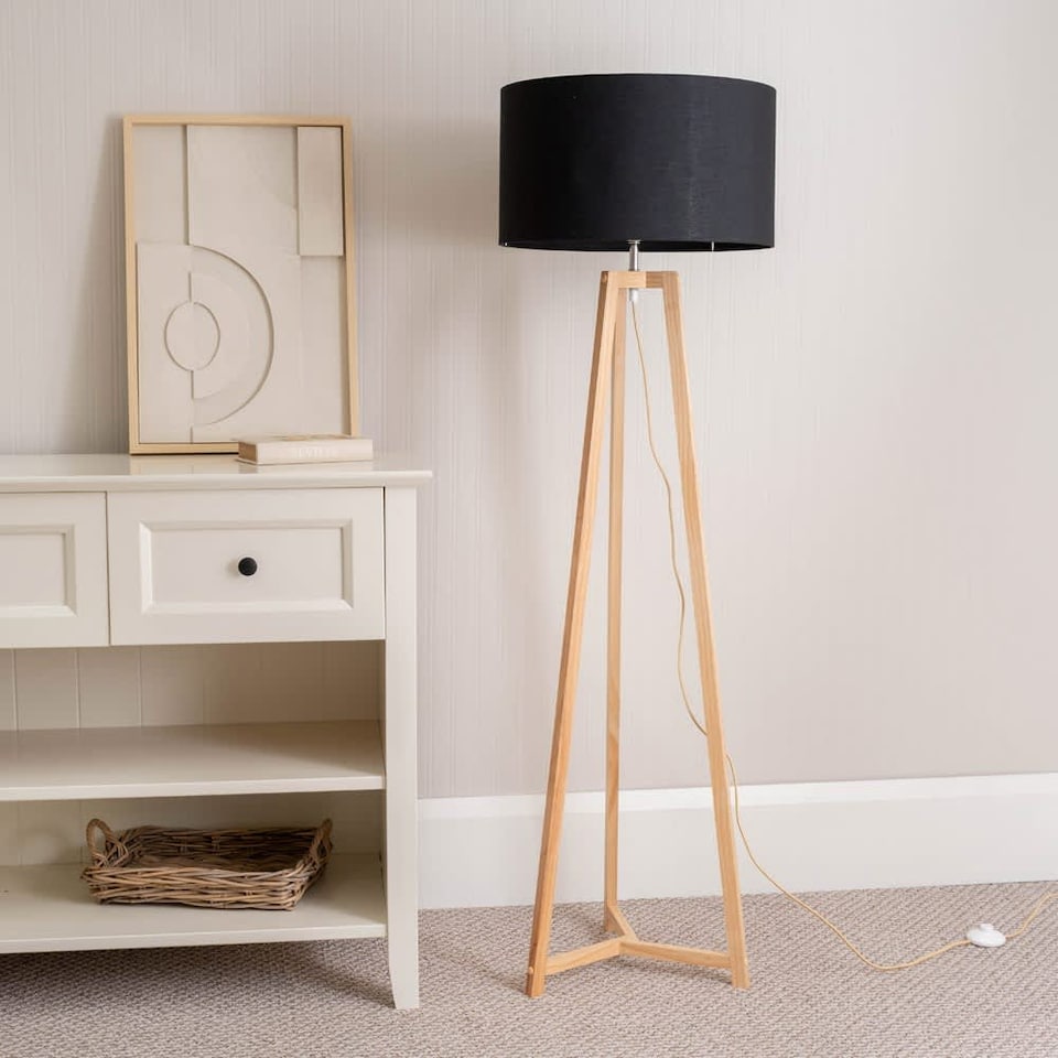 image 1 of ValueLights Lottie Natural Wood Tripod Floor Lamp Black Shade and Bulb