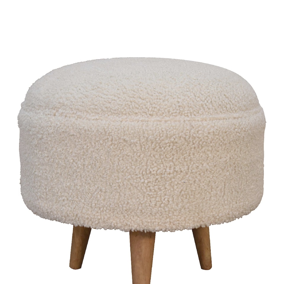 image 1 of Artisan Furniture Solid Wood Cream Boucle Rounded Footstool, Upholstered, Brown and Cream