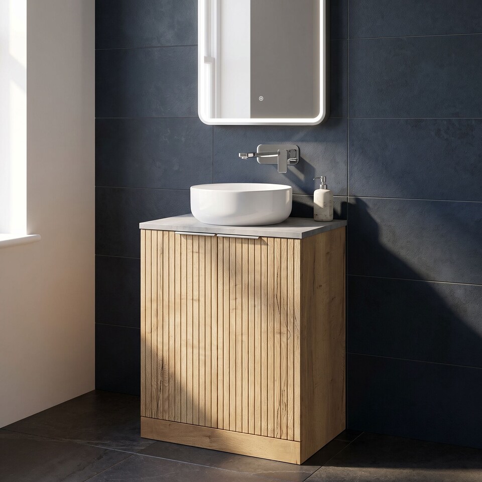 image 1 of Balterley Callingwood Contemporary Floor Standing 2 Door Vanity Unit with Bellato Grey Laminate Worktop , 600mm, Autumn Oak