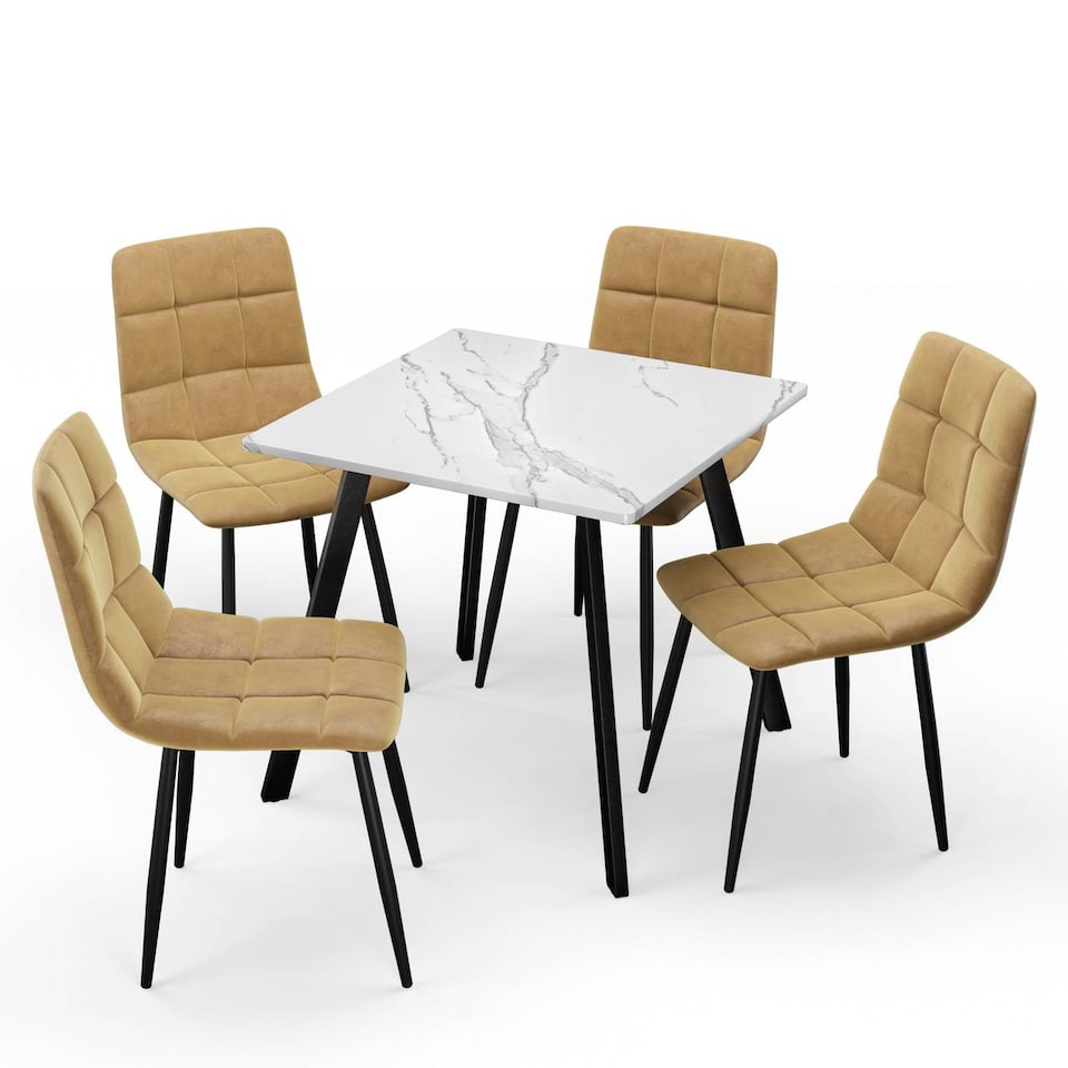 image 1 of 5-Piece Dining Set - 80cm Square Table and 4 Upholstered Velvet Chairs with Metal Legs | White | White Marble & Curly Yellow | 5