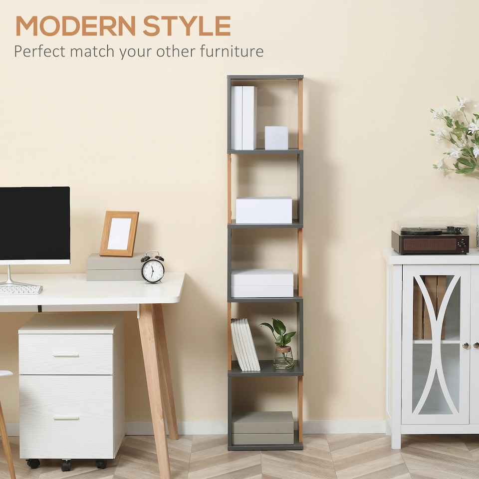 image 1 of HOMCOM 5-Tier Bookshelf Freestanding Bookcase Storage Shelves, Dark Grey