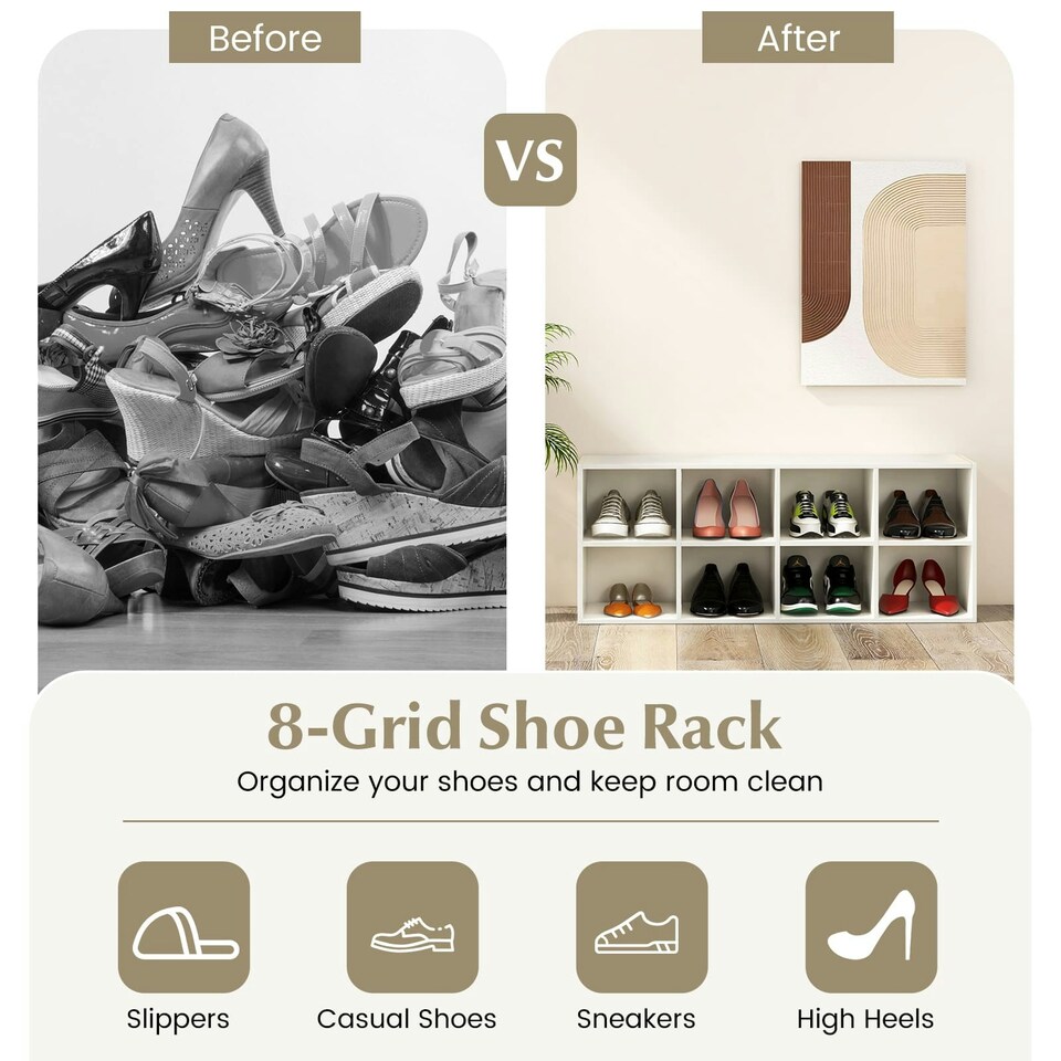 image 1 of COSTWAY 8 Grid Shoe Bench 2 in 1 Shoe Organizer Storage White White