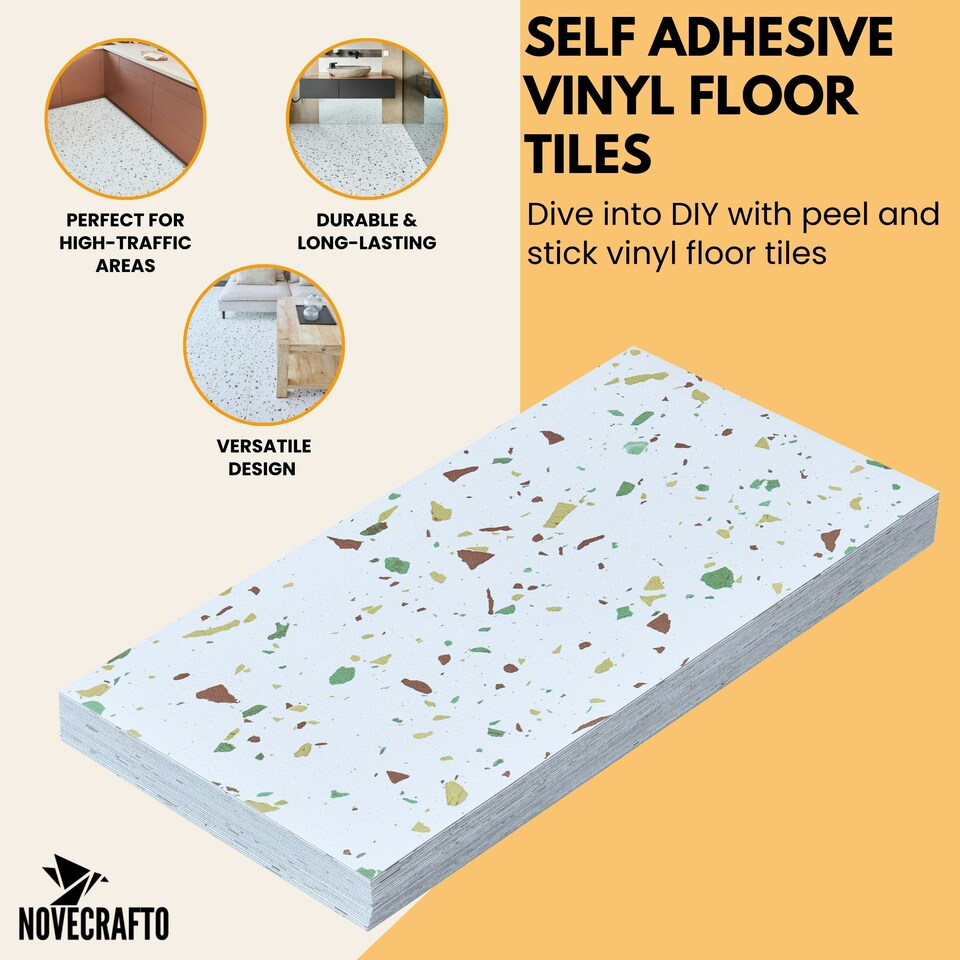 image 1 of NOVECRAFTO Vinyl Floor Tiles Self Adhesive – 12x24in Peel and Stick Rectangular Flooring for Kitchen, Bathroom & Living Room – White Terrazzo Look with Flecks White | 3.71 sqm