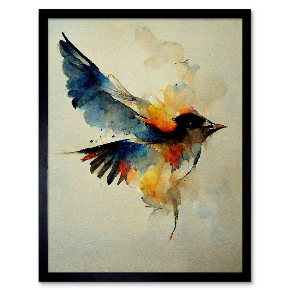 image 1 of Watercolour Paint Of Colourful Flying Bird 12x16" Framed Wall Art Print