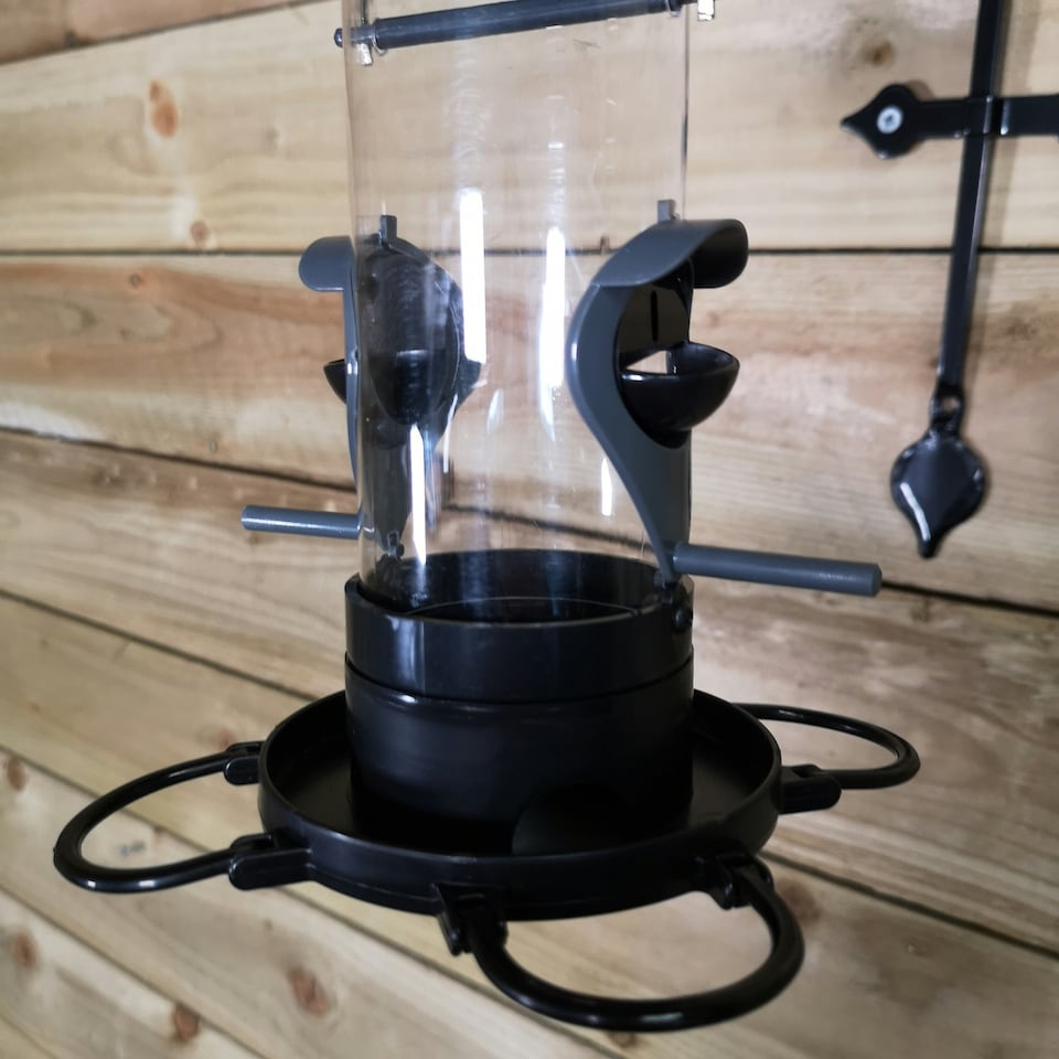 image 1 of Tom Chambers Roll Top 2 Port Garden Wild Bird Hanging Grey and Black Plastic Seed Feeder