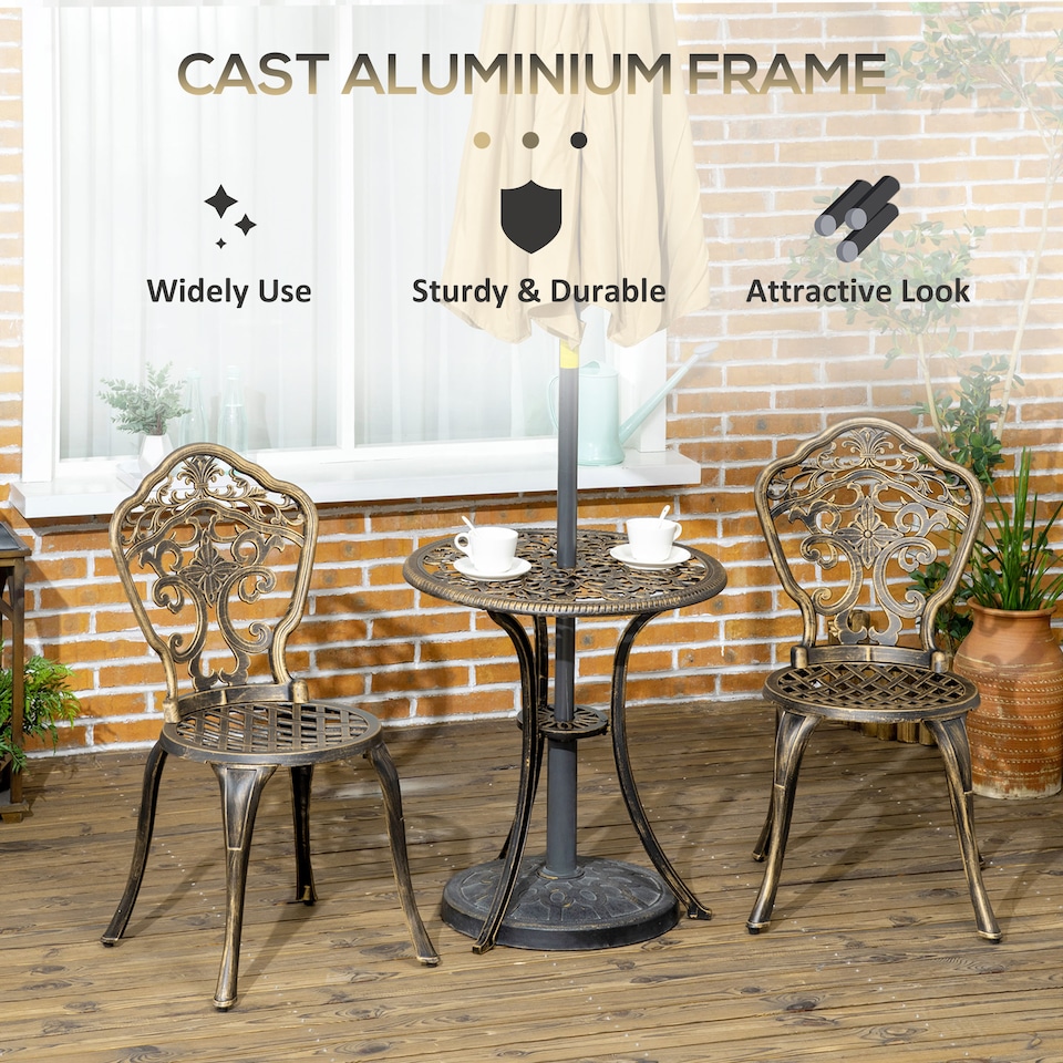 image 1 of Outsunny 3 PCs Cast Aluminium Bistro Set w/ Parasol Hole for Balcony, Brown | Bronze