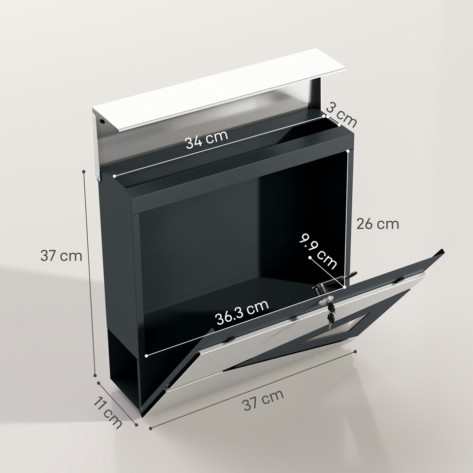 image 1 of HOMCOM Modern Wall Mounted Post Box, Weatherproof Letterbox with Lock Black