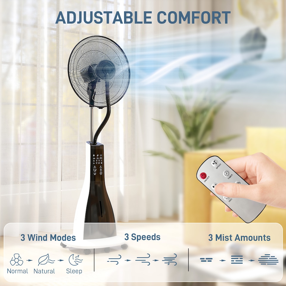 image 1 of HOMCOM Pedestal Fan with Water Mist Spray, Spray Misting Fan with 75 Oscillation, Remote Control, Tilt Head, 3 Speeds, 3 Modes, 3 Mist, 3L Water Tank, Wheels, for Home, 125 cm