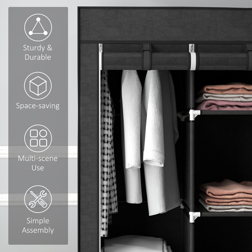 image 1 of HOMCOM Fabric Wardrobe, Portable Wardrobe, Clothes Storage Unit with 8 Shelves, 2 Hanging Rods, 125 x 43 x 162.5 cm, Black | Black | Black
