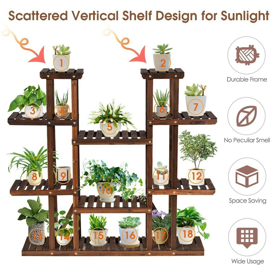 image 1 of COSTWAY 9 Tier Wood Plant Stand Display Rack Flower Shelf Brown