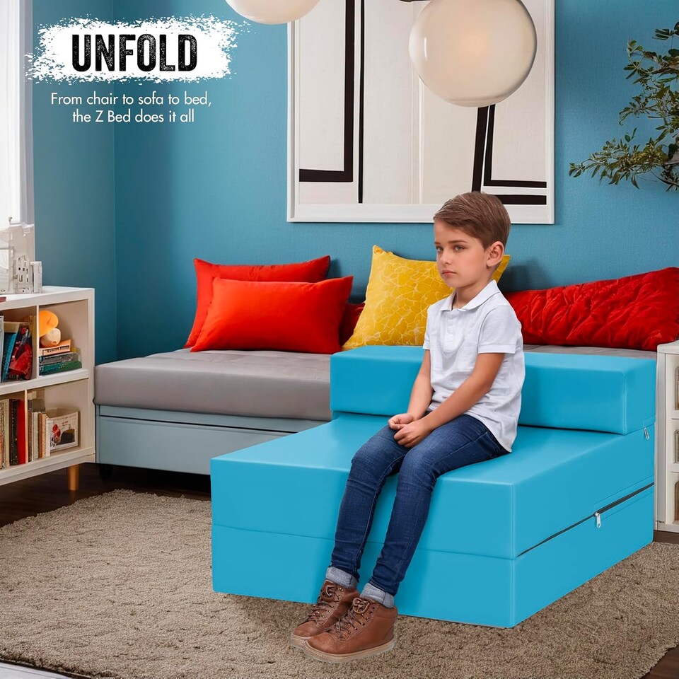 image 1 of Fold Out Single Z Bed Futon Sofa Chair Mattress Aqua