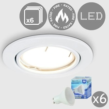 ValueLights Pack of 6 - Fire Rated White Tiltable GU10 Recessed Ceiling Downlights - Complete with 5w LED Bulbs 6500K Cool White