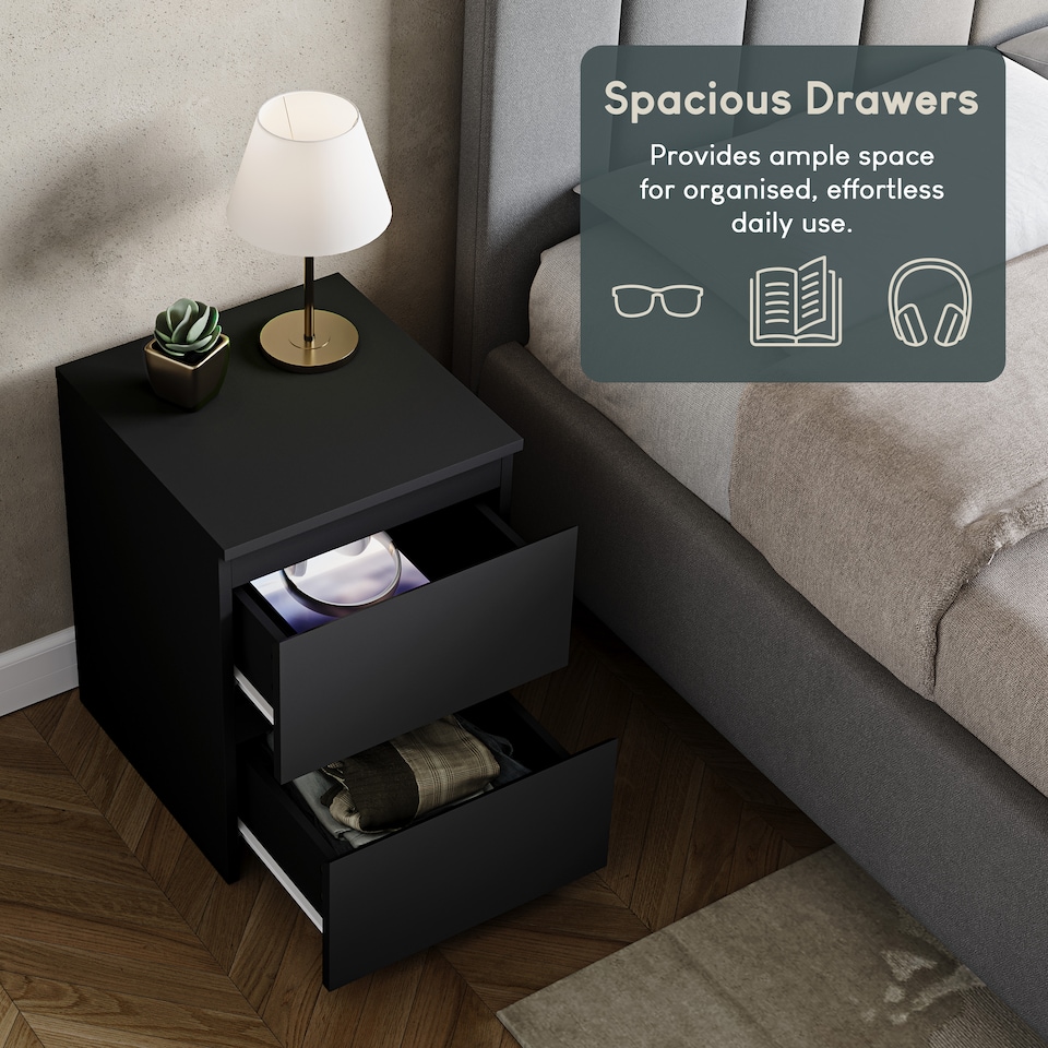 image 1 of Vida Designs Denver 2 Drawer Large Bedside Chest Cabinet Table Nightstand, Black
