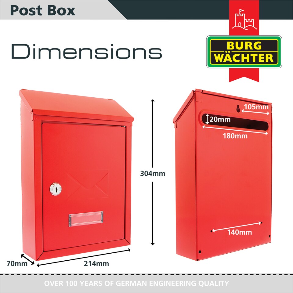 image 1 of Burg-Wachter Red Avon Dual Entry Wall Mounted Galvanised Steel Lockable Weatherproof Post Box - 21x30x7cm | Red | Red
