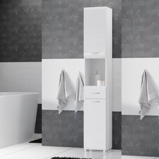 Ice Cave Narrow Bathroom Storage Cabinet with 2 Doors & 1 Drawer with Silver Handles in White with White High Gloss Fronts