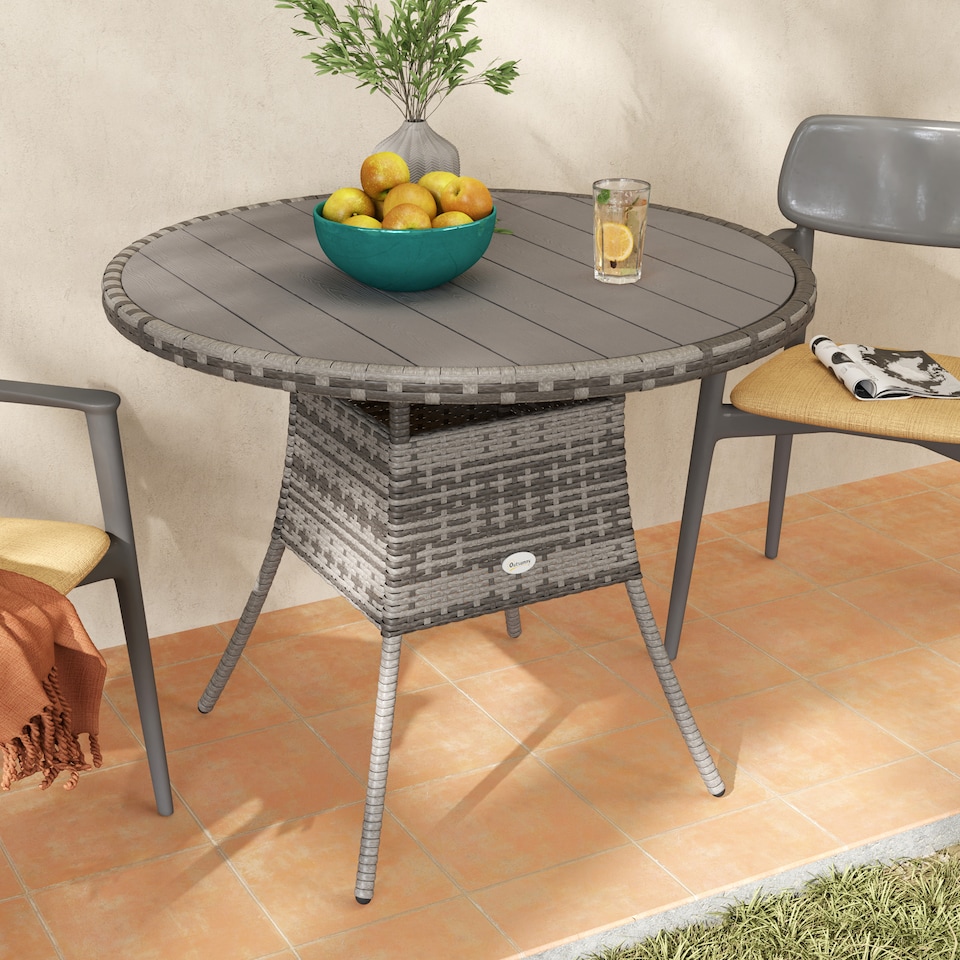 image 1 of Outsunny Outdoor PE Rattan Dining Table w/ Wood-plastic Composite Top, Grey