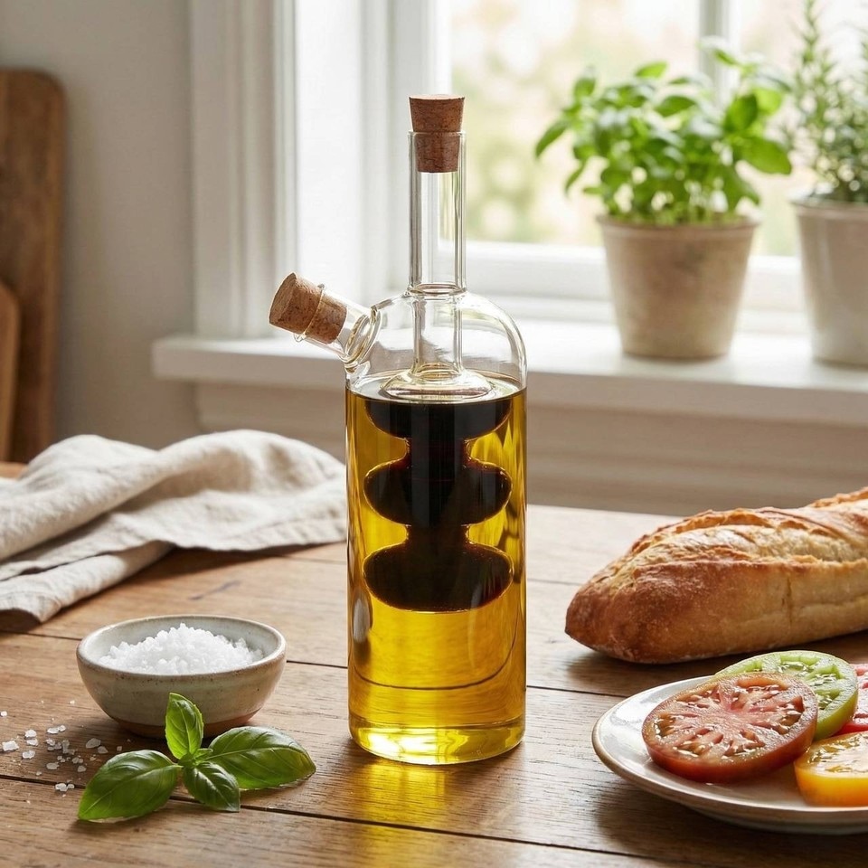 image 1 of 2 In 1 Glass Olive Oil And Vinegar Cruet Dispenser Bottle Dual Chamber