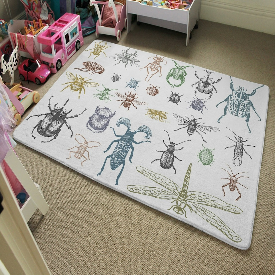 image 1 of big set of insects bugs beetles and bees many species in vintage old hand drawn style (Rug) Multi | S